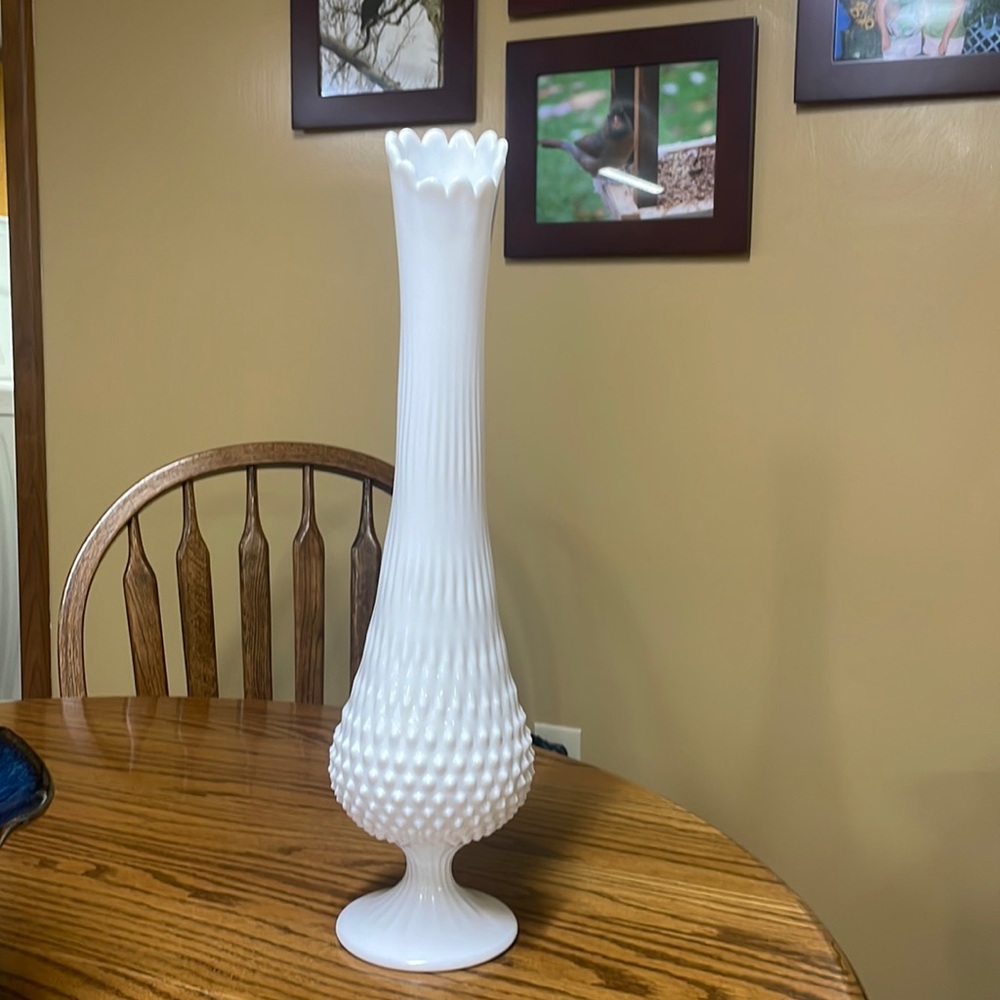Fenton Milk Glass Hobnail Swung Vase, 19"
